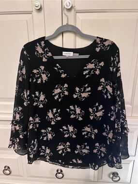 Calvin Klein Black Blouse with Pale Pink Floral Print